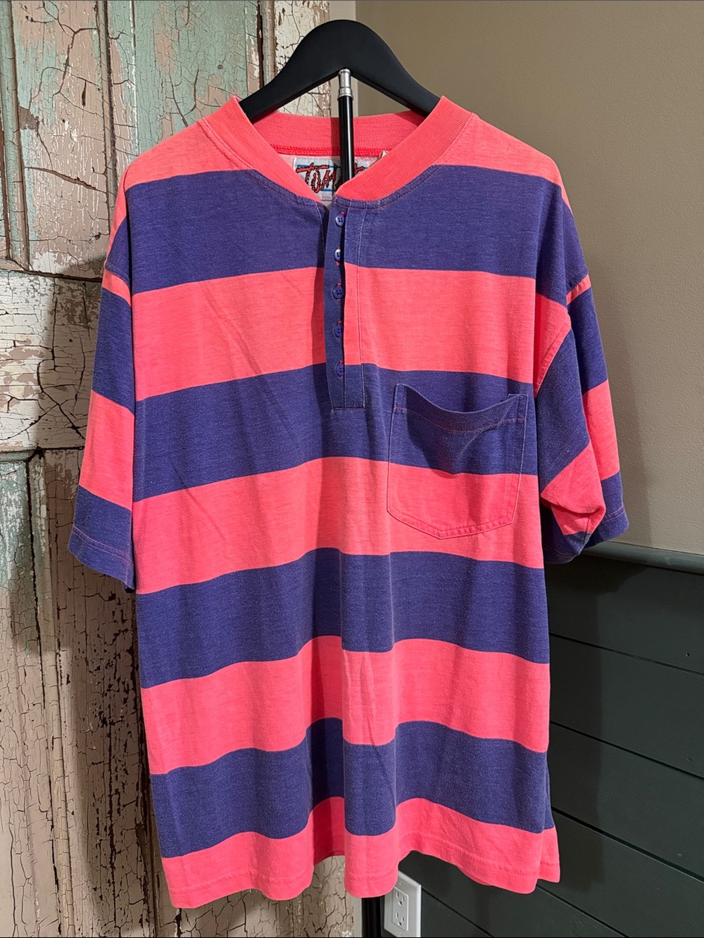 Men's Short-Sleeve Henley with Coral and Navy Stripes
